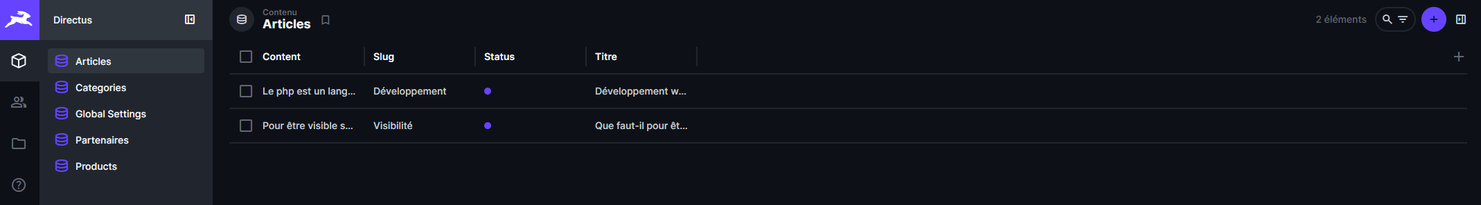 Liste des articles dans Directus