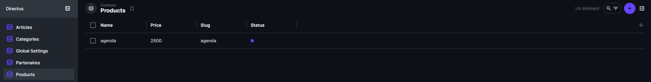 Liste des produits dans Directus